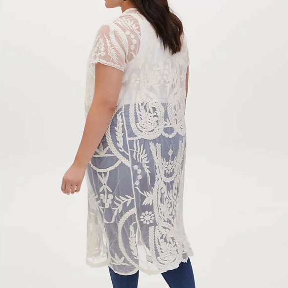 New Torrid White Mesh Embroidered Longline Kimono - Picture 2 of 4